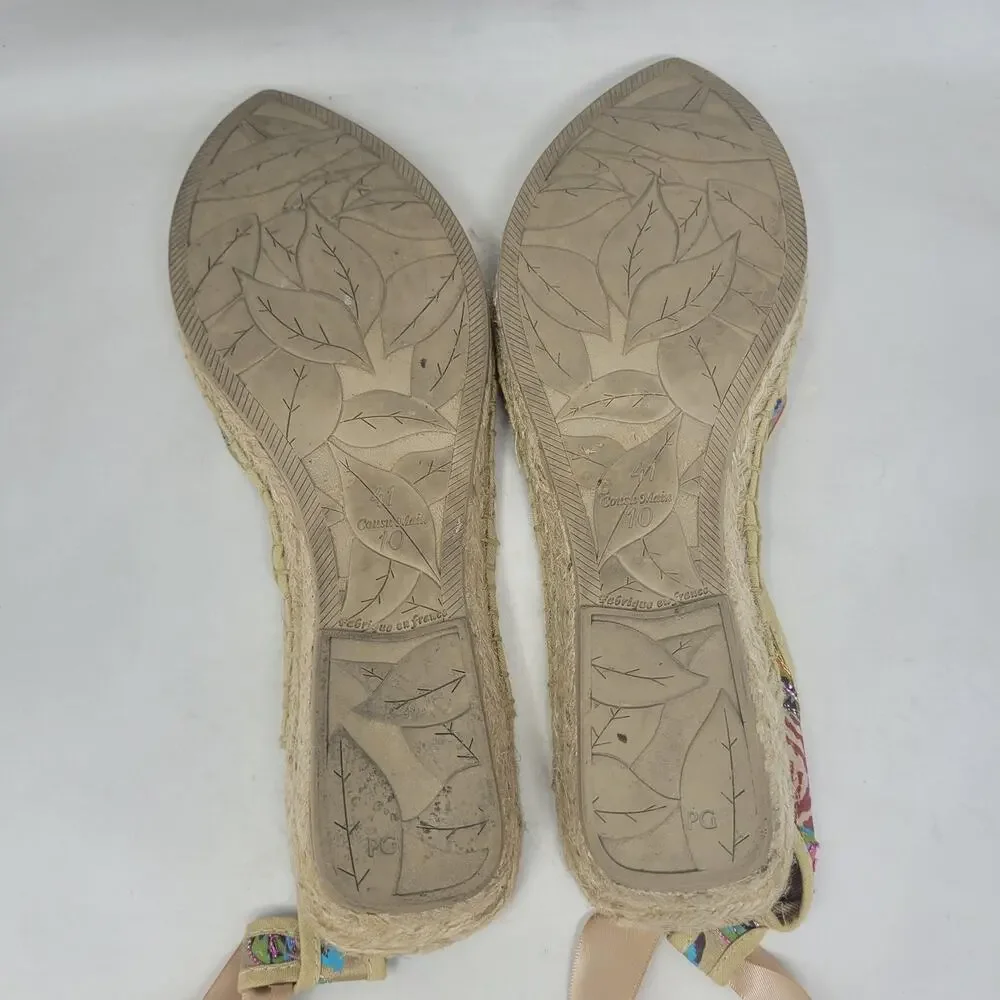 Marmi Sandals 10 Floral Espadrille Sequin Ribbon Tie Wedge Boho Floral Summer